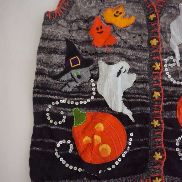 Vintage Tiara Gray Halloween Ghost Pumpkin Sequin Spooky Knit Sweater Vest L - Picture 6 of 9